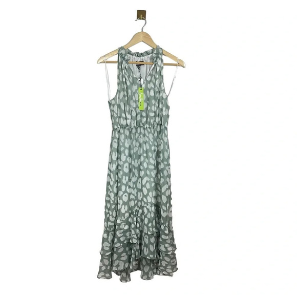 NWT Sam Edelman Sleeveless Ruffle Patterned Midi Dress in Green/White Size 8 - Picture 1 of 14
